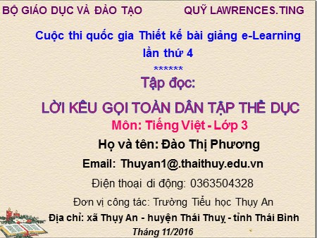 Bài giảng dự thi Tiếng Việt Lớp 3 - Tập đọc: Lời kêu gọi toàn dân tập thể dục - Đào Thị Phương