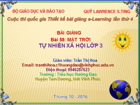 Bài giảng Tự nhiên xã hội Lớp 3 - Bài 58: Mặt Trời - Trần Thị Hoa