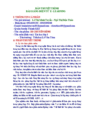 Bản thuyết trình Bài giảng Tin học Lớp 3 - Bài: Di chuyển hình - Lê Thị Minh Tuyền