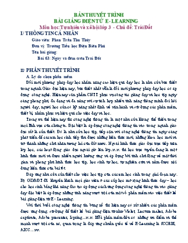 Bản thuyết trình Bài giảng Tự nhiên và xã hội Lớp 3 - Chủ đề: Trái Đất - Bài 63: Ngày và đêm trên Trái Đất - Phan Trần Thu Thủy