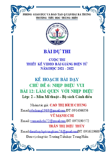 Kế hoạch bài dạy Mĩ thuật Lớp 2 sách Cánh diều - Chủ đề 6: Nhịp điệu vui - Bài 12: Làm quen với nhịp điệu - Năm học 2021-2022 - Cao Thị Bích Chung