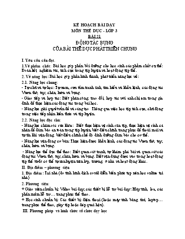 Kế hoạch bài dạy môn Thể dục Lớp 3 - Bài 21: Động tác bụng của bài thể dục phát triển chung
