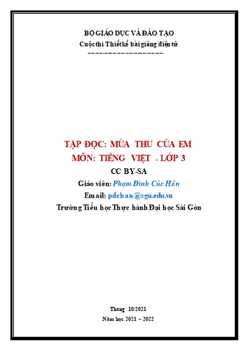 Kế hoạch bài dạy Tiếng Việt Lớp 3 - Tập đọc: Mùa thu của em - Phan Đình Cúc Hân