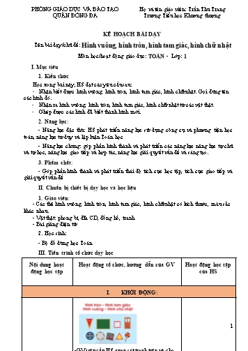 Kế hoạch bài dạy Toán Lớp 1 - Chủ đề: Hình vuông, hình tròn, hình tam giác, hình chữ nhật - Trần Thu Trang
