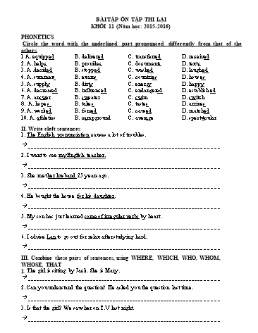 Bài tập ôn tập thi lại môn Tiếng Anh Lớp 11 năm học 2015- 2016