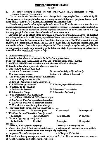 Bài tập ôn tập Tiếng Anh (hệ 7 năm) Lớp 11 - Unit 9: The post office