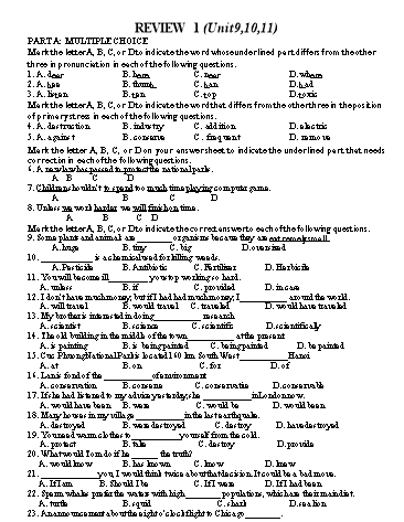 Bài tập ôn tập Tiếng Anh Lớp 10 - Review Unit 9, 10, 11