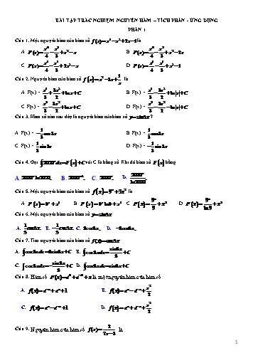 Bài tập trắc nghiệm Nguyên hàm- Tích phân- Ứng dụng - Toán Lớp 12