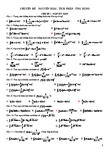 Chuyên đề bài tập: Nguyên hàm- Tích phân- Ứng dụng - Toán Lớp 12 (Có đáp án)