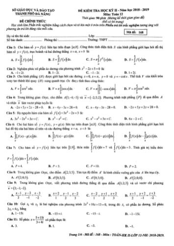 Đề chính thức kiểm tra HK II môn Toán Lớp 12 năm học 2018- 2019 Sở GD&ĐT TP Đà Nẵng