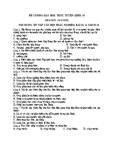 Đề cương dạy học môn GDCD Lớp 10 - Ôn tập câu hỏi trắc nghiệm Bài 10, 11
