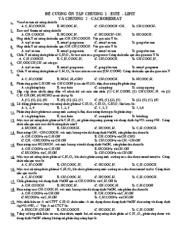 Đề cương ôn tập Hóa học Lớp 12 - Chương 1+ 2: Este- Lipit + Cacbohidrat