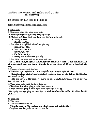Đề cương ôn tập Học kì I môn Ngữ Văn Lớp 10 năm học 2020- 2021 trường THPT Ngô Quyền