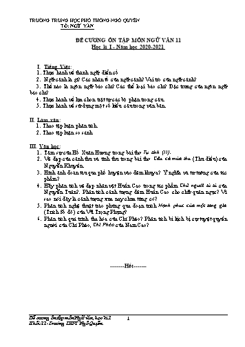 Đề cương ôn tập Học kì I môn Ngữ Văn Lớp 11 năm học 2020- 2021 trường THPT Ngô Quyền