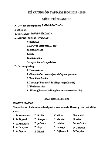 Đề cương ôn tập Học kì II môn Tiếng Anh Lớp 10 năm học 2019- 2020 (Có đáp án)