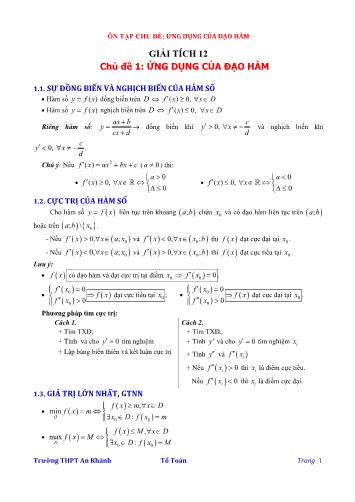 Đề cương ôn tập Toán Lớp 12 - Chủ đề: Ứng dụng của đạo hàm