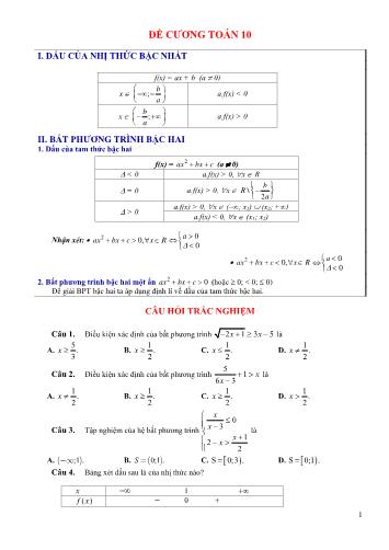 Đề cương Toán Lớp 10 - Nội dung: Dấu của nhị thức bậc nhất; Bất phương trình bậc hai