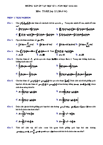 Đề hướng dẫn ôn tập Học kì II môn Toán Lớp 12 năm học 2020- 2021 - Đề số 4