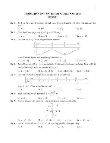 Đề hướng dẫn ôn tập thi Tốt nghiệp năm 2021 môn Toán - Đề số 01 (Có đáp án)