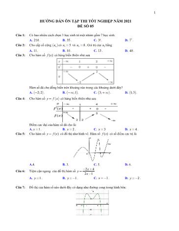 Đề hướng dẫn ôn tập thi Tốt nghiệp năm 2021 môn Toán - Đề số 05 (Có đáp án)