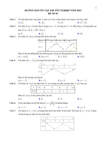 Đề hướng dẫn ôn tập thi Tốt nghiệp năm 2021 môn Toán - Đề số 03 (Có đáp án)