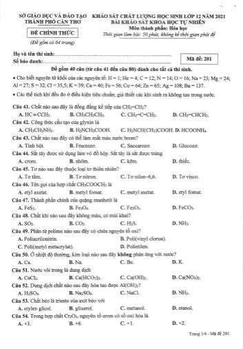 Đề khảo sát chất lượng môn Hóa học Lớp 12 năm 2021 Thành phố Cần Thơ (Mã đề 201)