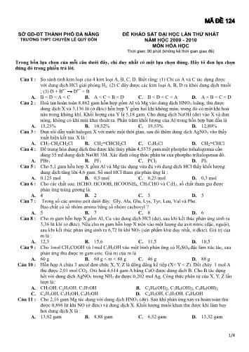 Đề khảo sát Đại học lần thứ nhất môn Hóa học năm học 2009- 2010 - Mã đề 124 (Có đáp án)