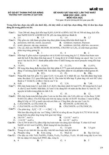 Đề khảo sát Đại học lần thứ nhất môn Hóa học năm học 2009- 2010 - Mã đề 122 (Có đáp án)