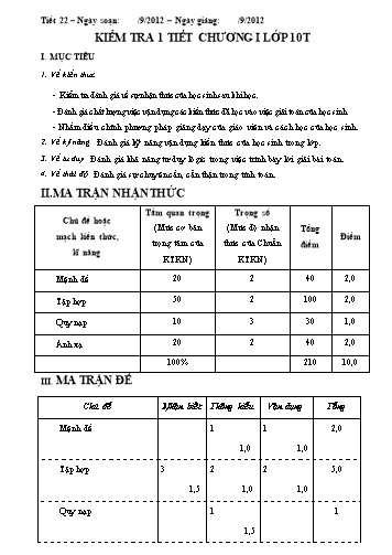 Đề kiểm tra 1 tiết Học kì I môn Toán (Đại số) Lớp 10 năm học 2012- 2013 (Có đáp án)