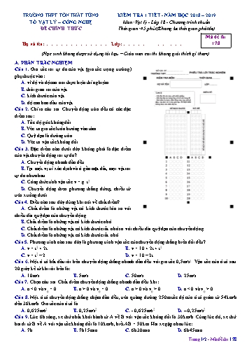 Đề kiểm tra 1 tiết Học kì I môn Vật lí Lớp 10 năm học 2018- 2019 - Mã đề 178 (Kèm đáp án)