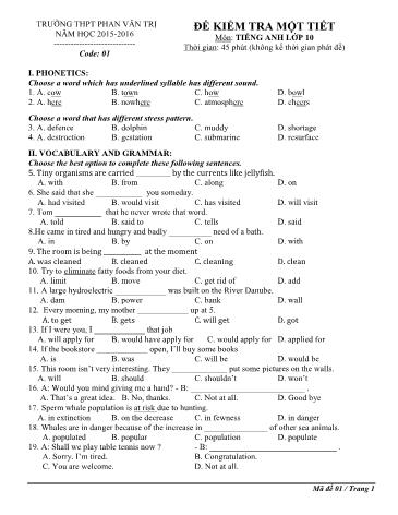 Đề kiểm tra 1 Tiết môn Tiếng Anh Lớp 10 năm học 2015- 2016 (Kèm đáp án)