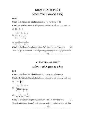 Đề kiểm tra 60 Phút môn Toán Lớp 10 cơ bản (Có đáp án)