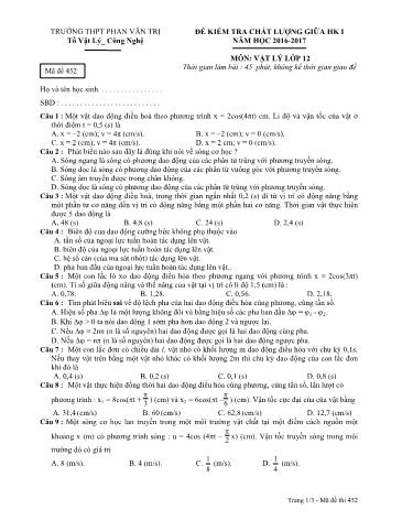 Đề kiểm tra chất lượng Giữa Học kì I môn Vật lý Lớp 12 năm học 2016- 2017 - Mã đề 452 (Kèm đáp án)