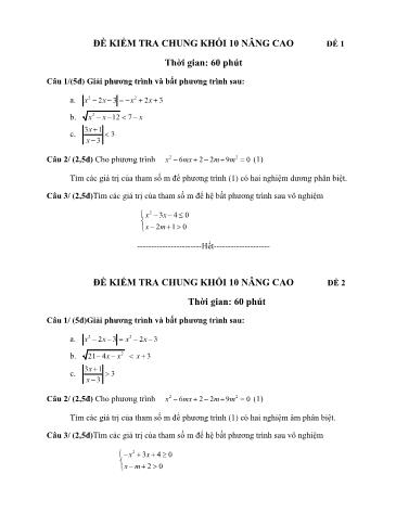 Đề kiểm tra chung 60 Phút môn Toán Lớp 10 nâng cao (Có đáp án)