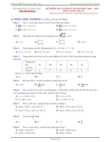 Đề kiểm tra Cuối HK II môn Toán Lớp 10 năm học 2020- 2021 trường THPT Chuyên Lê Quý Đôn