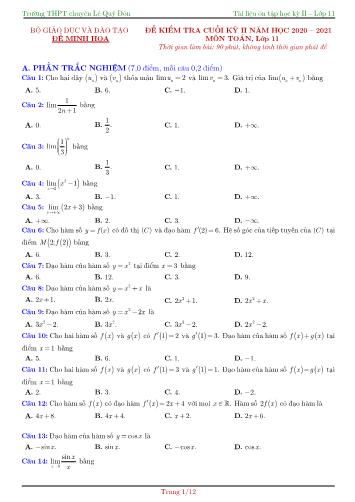 Đề kiểm tra Cuối HK II môn Toán Lớp 11 năm học 2020- 2021 trường THPT Chuyên Lê Quý Đôn