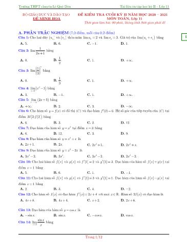 Đề kiểm tra Cuối Học kì II môn Toán Lớp 11 năm học 2020- 2021 trường THPT Chuyên Lê Quý Đôn