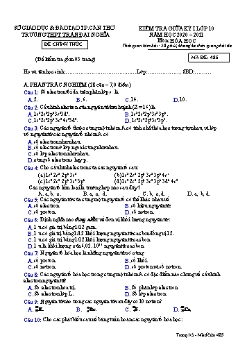 Đề kiểm tra Giữa Học kì I môn Hóa học Lớp 10 năm học 2020- 2021 - Mã đề 485 (Kèm đáp án)