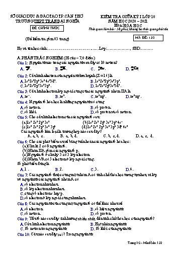 Đề kiểm tra Giữa Học kì I môn Hóa học Lớp 10 năm học 2020- 2021 - Mã đề 132 (Kèm đáp án)
