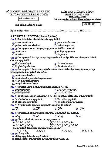 Đề kiểm tra Giữa Học kì I môn Hóa học Lớp 10 năm học 2020- 2021 - Mã đề 357 (Kèm đáp án)