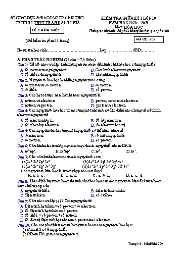 Đề kiểm tra Giữa Học kì I môn Hóa học Lớp 10 năm học 2020- 2021 - Mã đề 209 (Kèm đáp án)