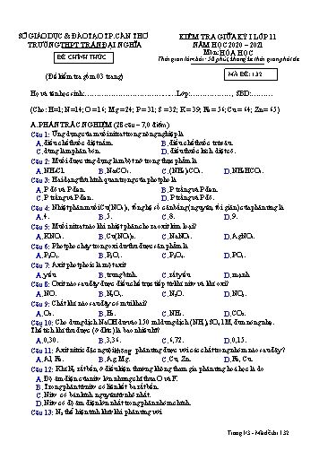 Đề kiểm tra Giữa Học kì I môn Hóa học Lớp 11 năm học 2020- 2021 - Mã đề 132 (Kèm đáp án)