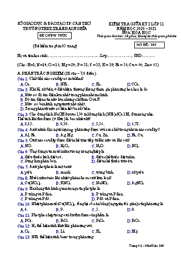Đề kiểm tra Giữa Học kì I môn Hóa học Lớp 11 năm học 2020- 2021 - Mã đề 209 (Kèm đáp án)