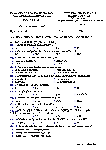 Đề kiểm tra Giữa Học kì I môn Hóa học Lớp 11 năm học 2020- 2021 - Mã đề 485 (Kèm đáp án)