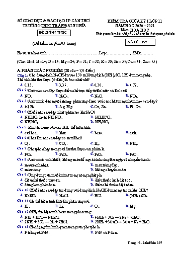 Đề kiểm tra Giữa Học kì I môn Hóa học Lớp 11 năm học 2020- 2021 - Mã đề 357 (Kèm đáp án)