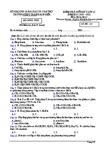 Đề kiểm tra Giữa Học kì I môn Hóa học Lớp 12 năm học 2020- 2021 - Mã đề 132 (Kèm đáp án)