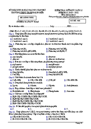 Đề kiểm tra Giữa Học kì I môn Hóa học Lớp 12 năm học 2020- 2021 - Mã đề 485 (Kèm đáp án)