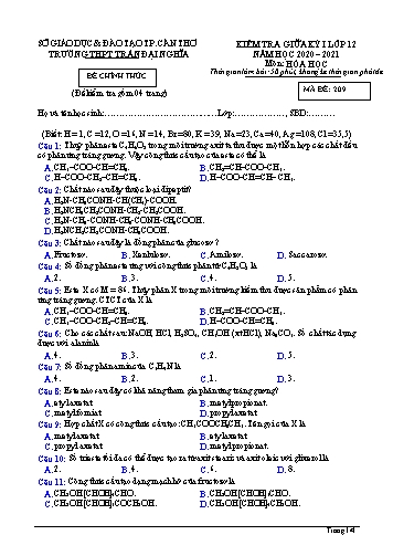 Đề kiểm tra Giữa Học kì I môn Hóa học Lớp 12 năm học 2020- 2021 - Mã đề 209 (Kèm đáp án)