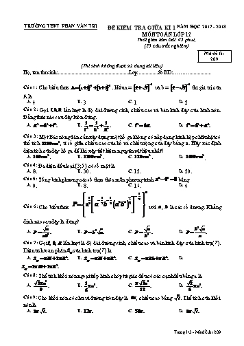 Đề kiểm tra Giữa Học kì I môn Toán Lớp 12 năm học 2017- 2018 - Mã đề 209 (Kèm đáp án)