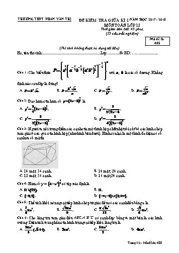 Đề kiểm tra Giữa Học kì I môn Toán Lớp 12 năm học 2017- 2018 - Mã đề 485 (Kèm đáp án)